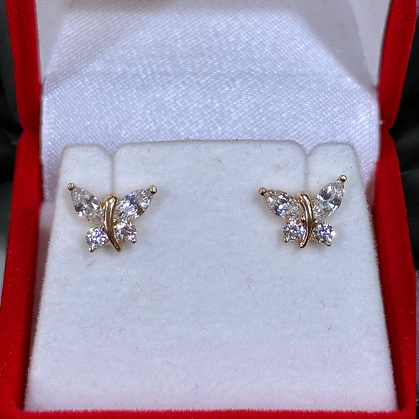 Clear Stone Set Butterfly Earrings 14k Gold
